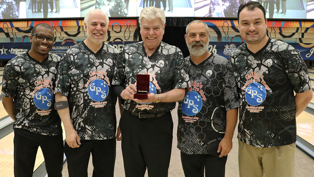 Joe Gemmato and his teammates celebrate his 50th appearance at the USBC Open Championships